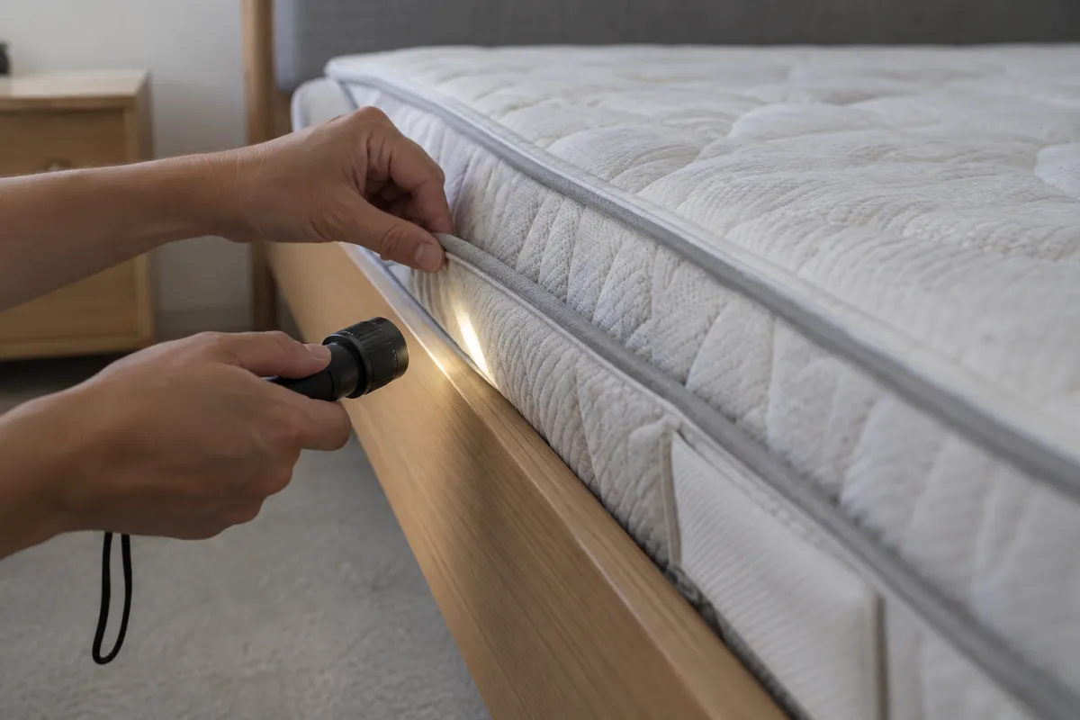Hands holding a torch to inspect a mattress seam and bed frame for bed bugs