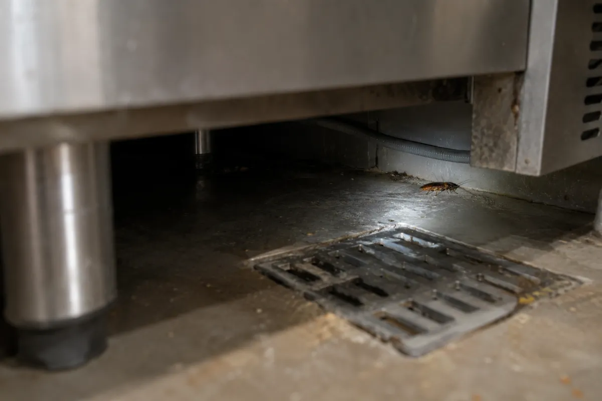 Torch beam revealing a cockroach near a floor drain behind a commercial fridge