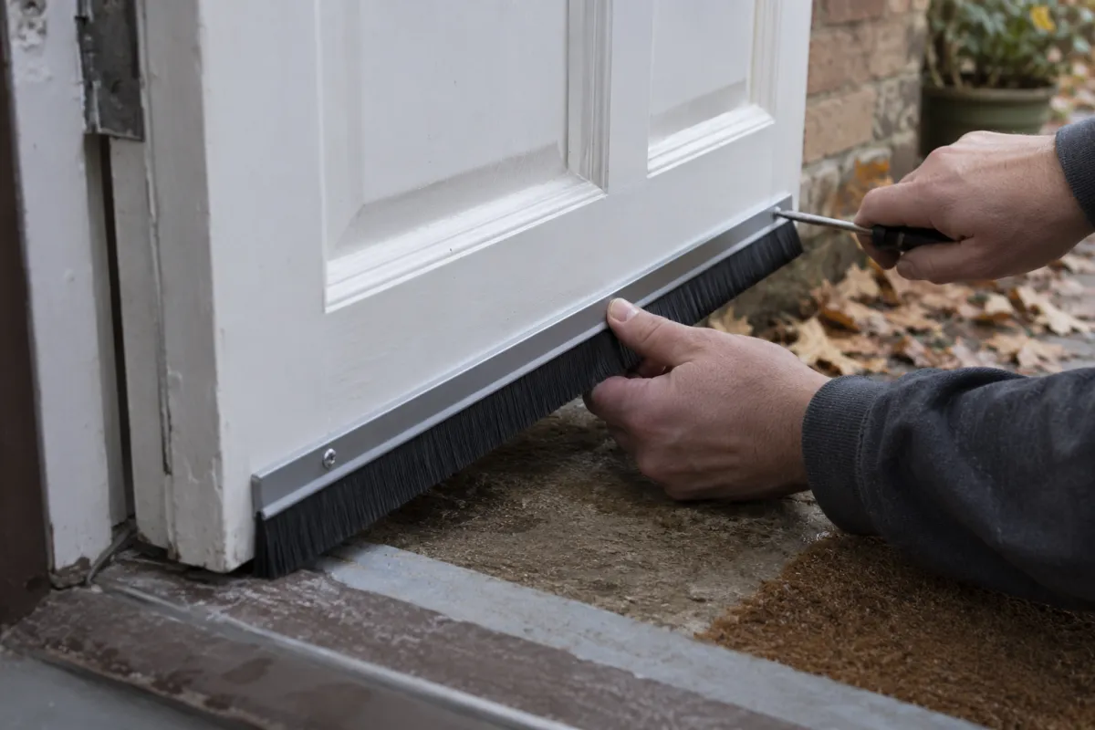 Hands fitting a brush draught strip to the bottom of a back door