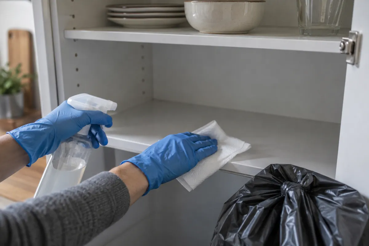 Gloved hands wiping a cupboard shelf with disinfectant and paper towels beside a tied bin bag