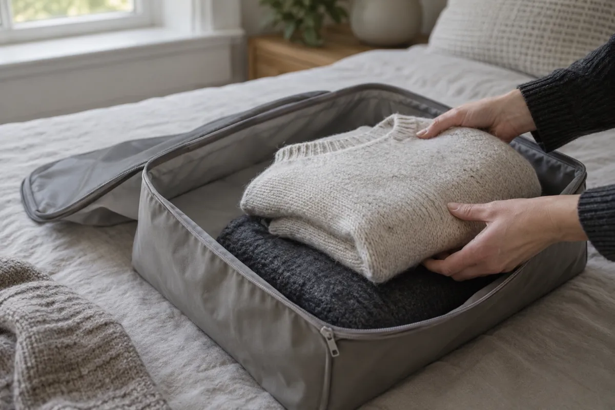 Hands placing folded wool jumpers into a zipped storage bag