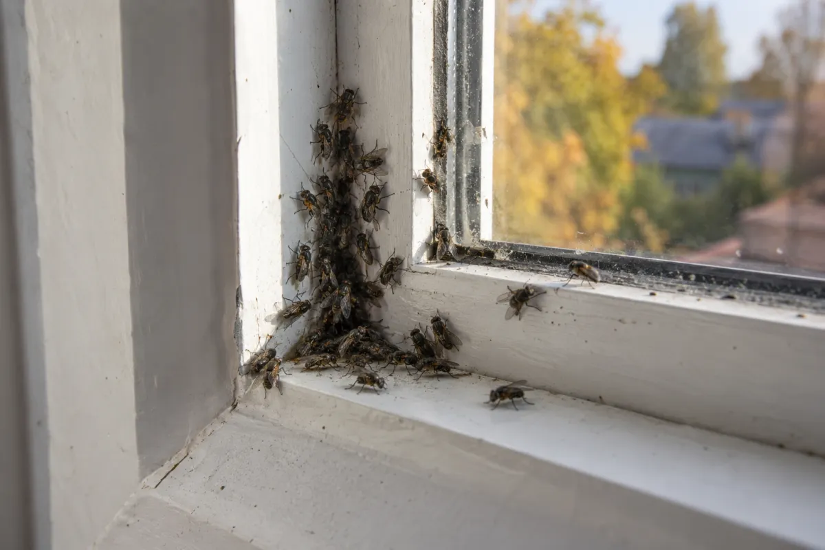 Cluster flies gathered in the corner of a sunlit loft window