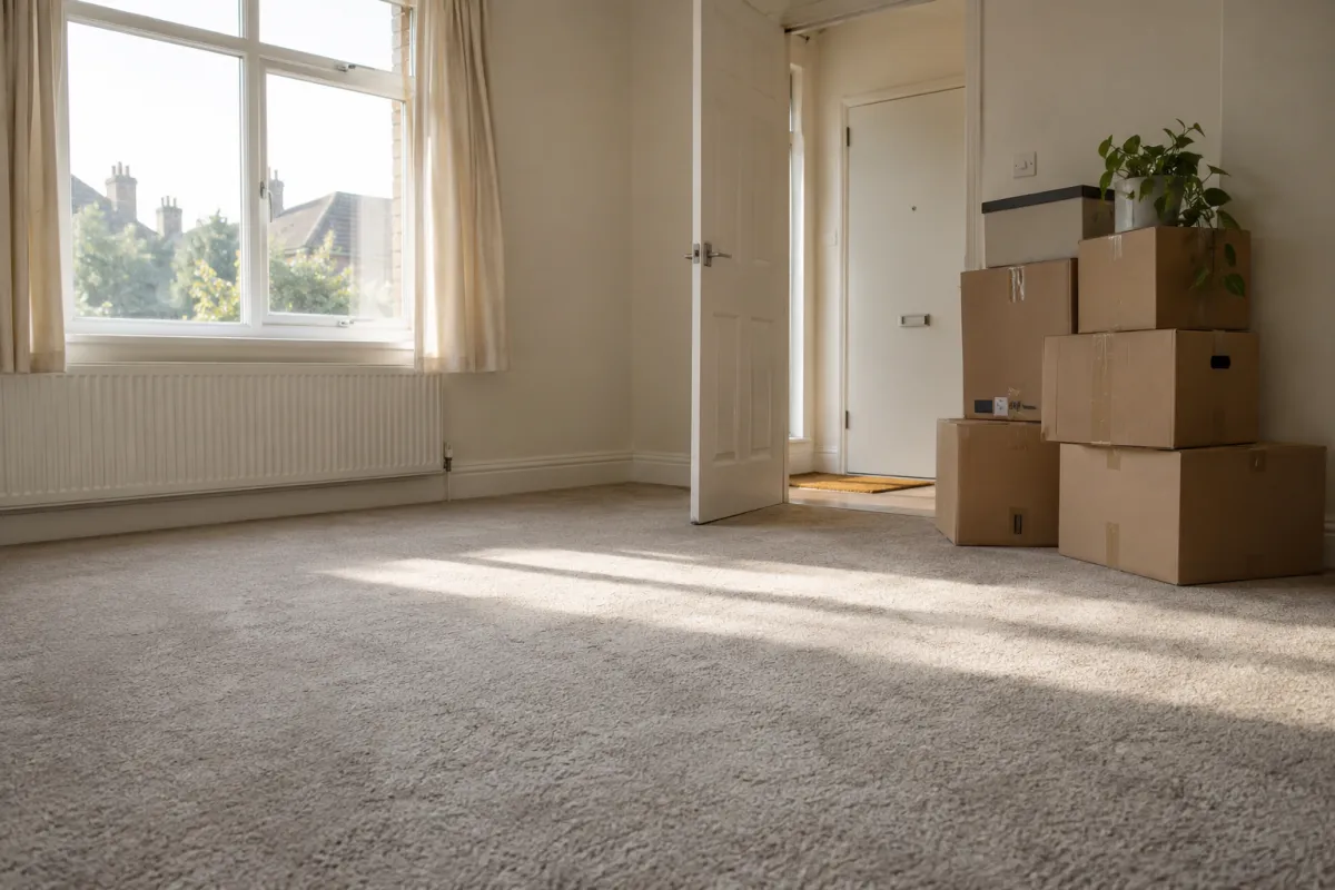 Empty carpeted living room with moving boxes stacked by the door