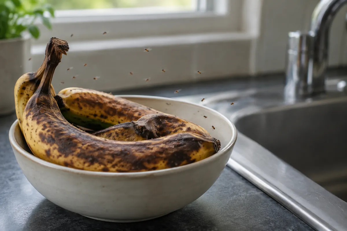 Fruit flies hovering around ripe bananas beside a kitchen sink