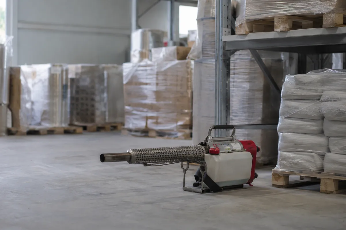 Warehouse with pallets and shelving, with a fogging machine standing in an aisle