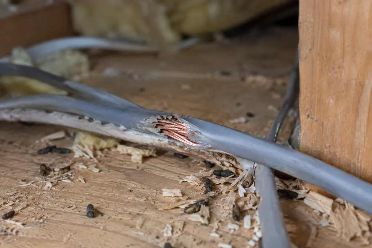 Loft cables with gnawed insulation exposing bare copper wire