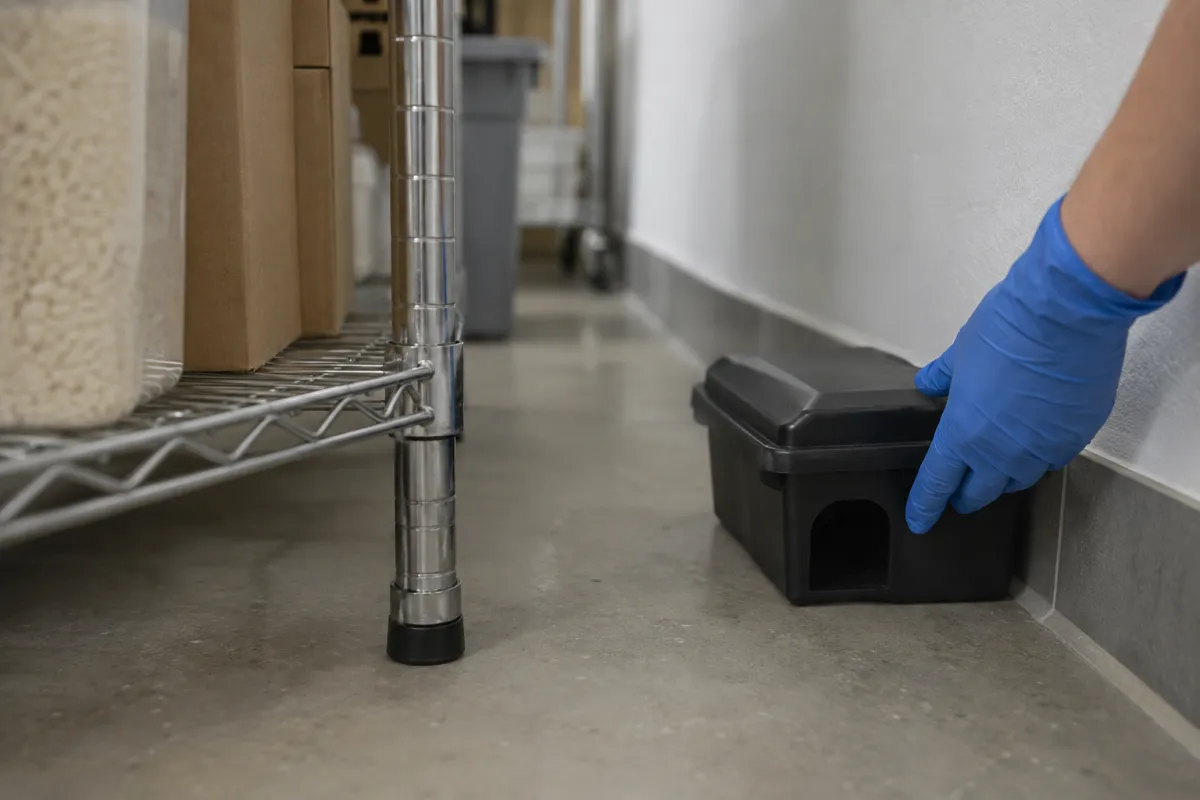 Gloved hand placing a black tamper-resistant bait box along the wall of a commercial kitchen storeroom