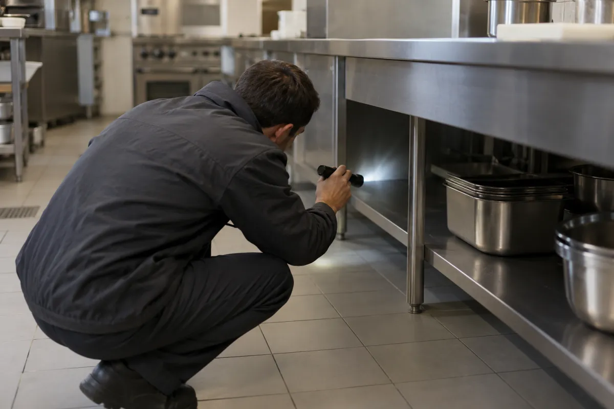 Technician checking under a counter in a commercial kitchen
