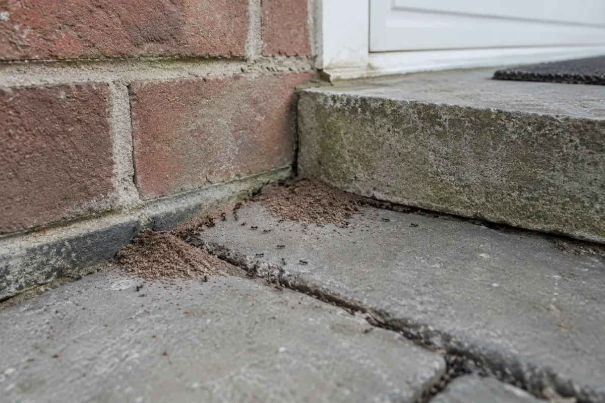 Small piles of fine soil at an ant nest between paving slabs by a back door step