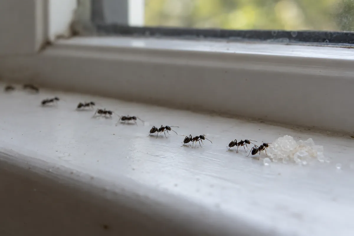 Trail of black garden ants on a white kitchen windowsill