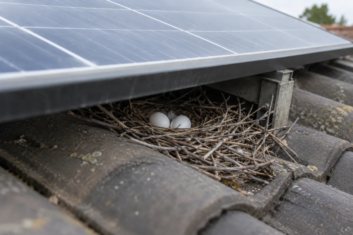 Pigeon nest with two white eggs tucked under a rooftop solar panel
