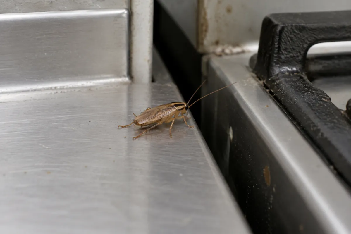 German cockroach on the edge of a stainless steel worktop beside a cooker
