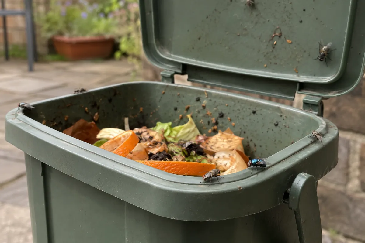 Food waste caddy with its lid slightly open in a back yard, with flies gathering around it