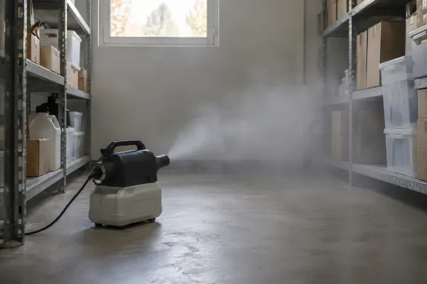 Fogging machine in an empty commercial storeroom