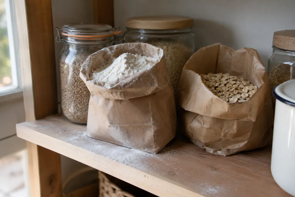 Open bags of flour and cereal on a pantry shelf, with a fine dusty layer at the base of one bag