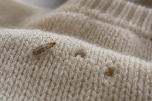 Clothes moth on a wool jumper with small holes