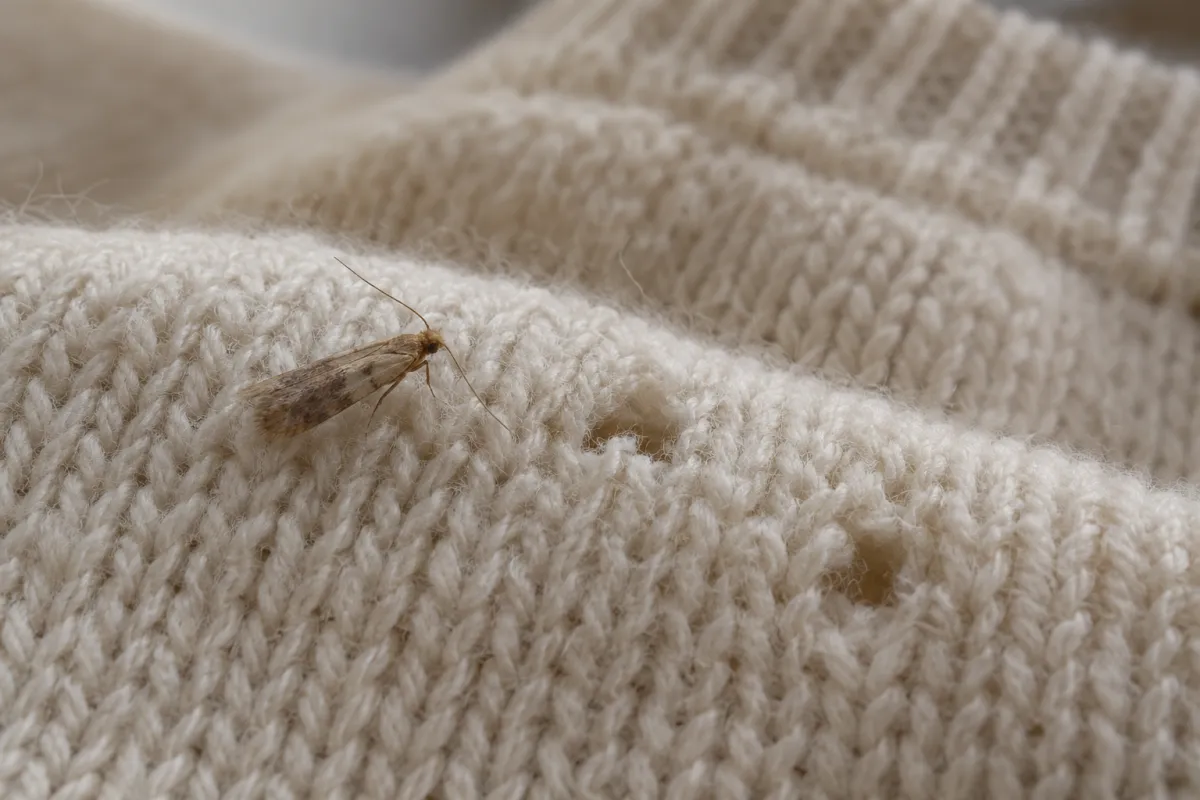 Clothes moth on a wool jumper with small holes