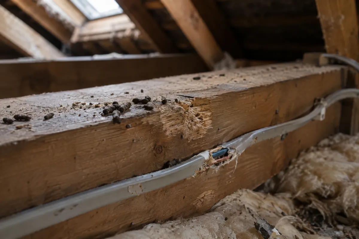 Rodent droppings, gnaw marks and a chewed cable on a loft joist