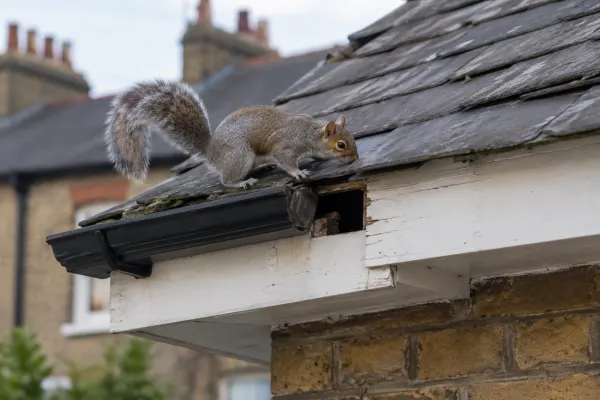 Grey squirrel on the edge of a slate roof near a gap under the eaves