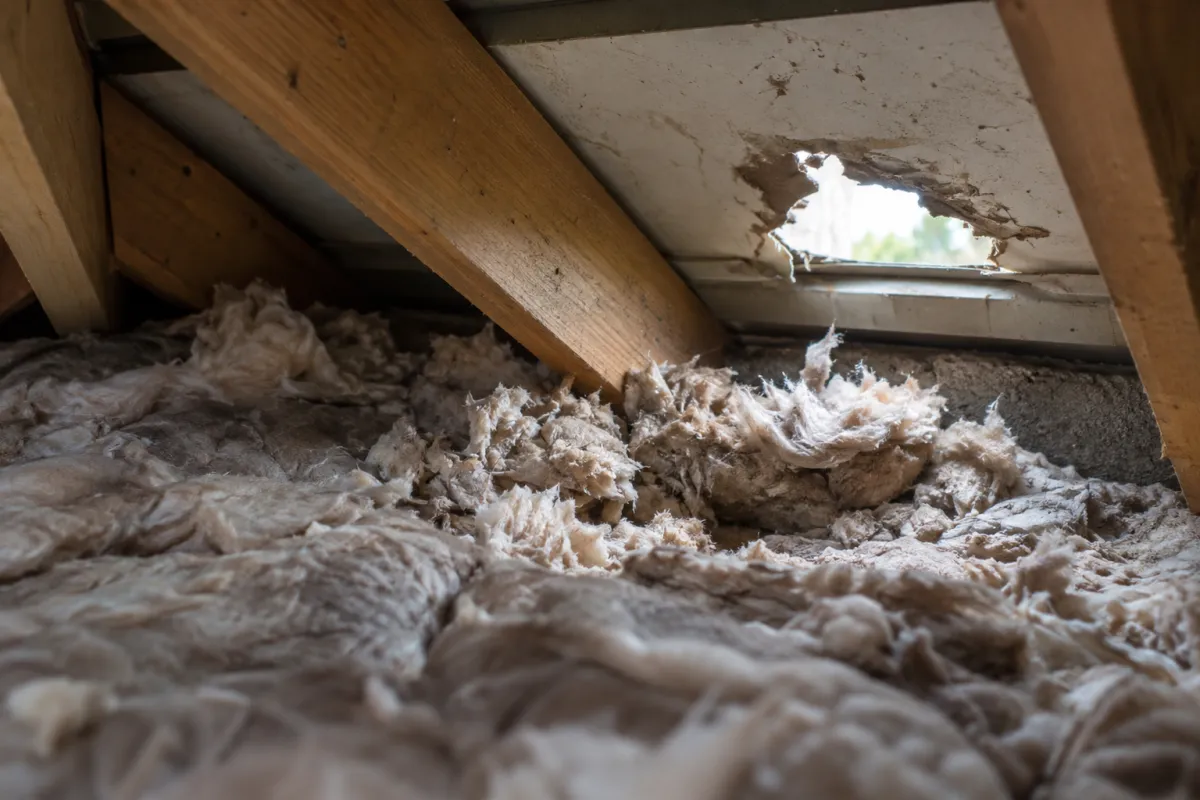 Shredded loft insulation by the eaves, with daylight showing through a hole chewed in the soffit
