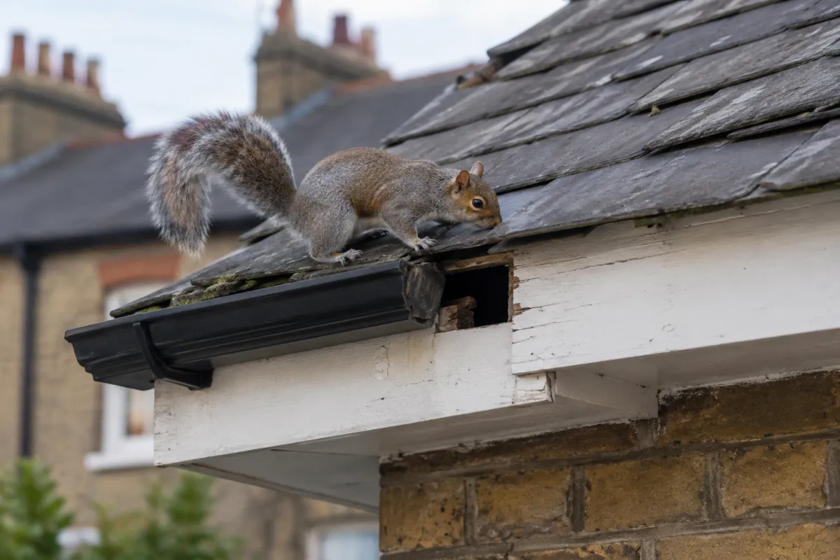 Grey squirrel on the edge of a slate roof near a gap under the eaves