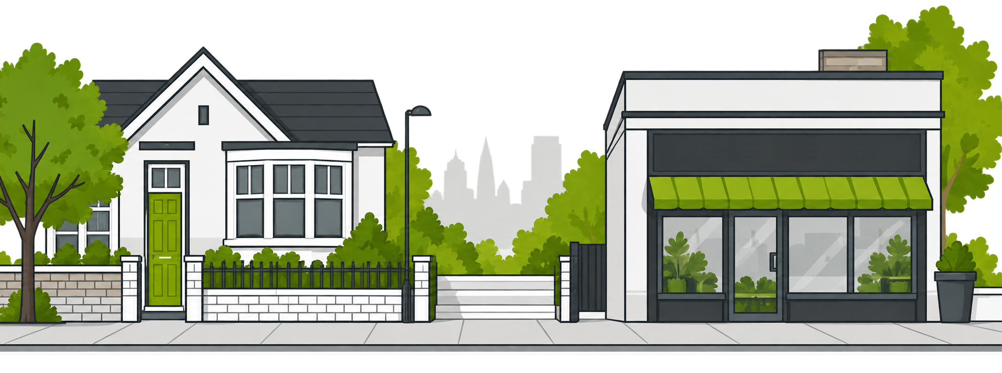 Illustration of a home and a local shop